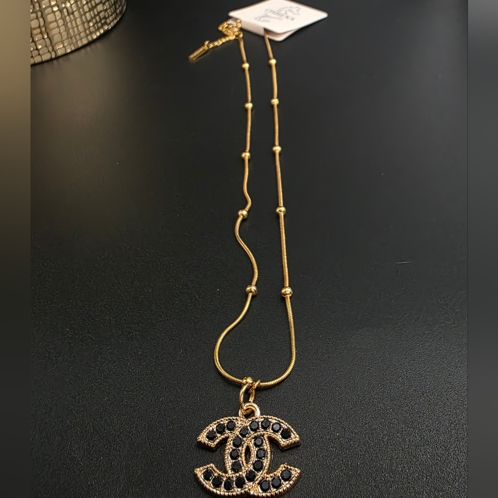 Black Chanel Crystal CC Pendant + Oshena Waterproof 18K PVD Gold-Plated Stainles